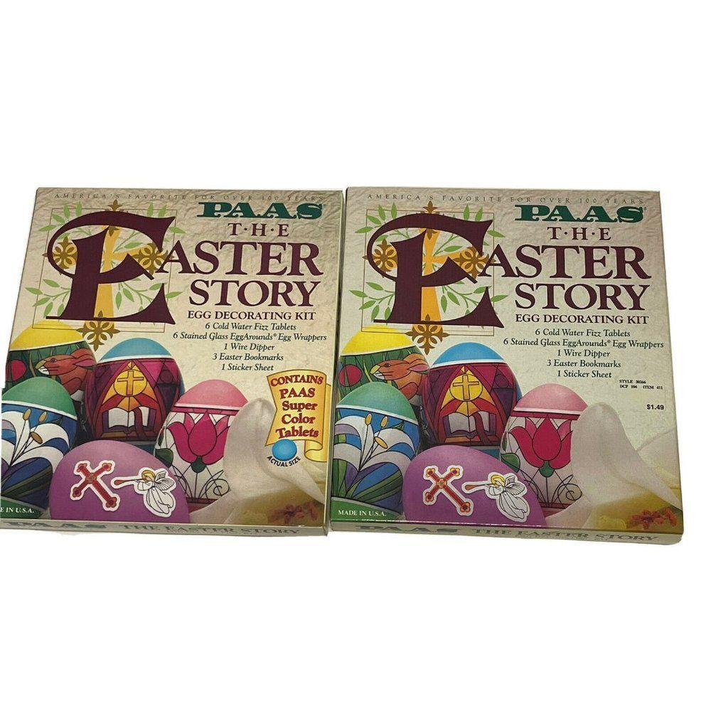 2 NEW Vintage paas 1995 Easter story egg decorating kit wrappers Coloring Kit